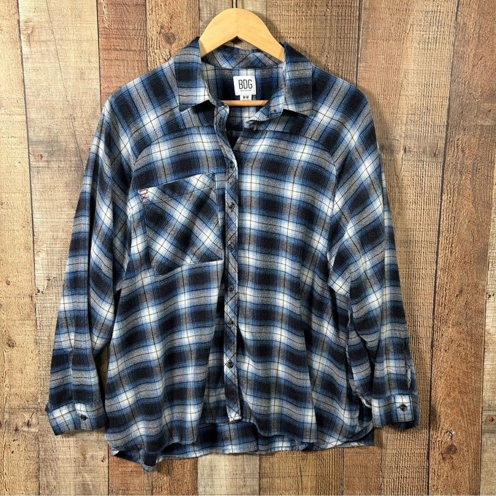 BDG Urban Outfitters M Blue Plaid Flannel Oversized Drop Shoulder Button Shirt